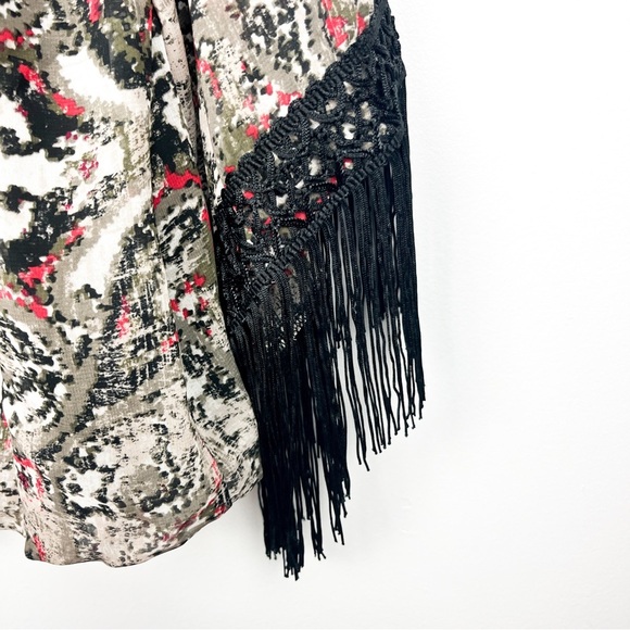 I.N. Studio Long Sleeve Gray Red Patterned Blouse with Fringe Cuffs - Picture 4 of 8